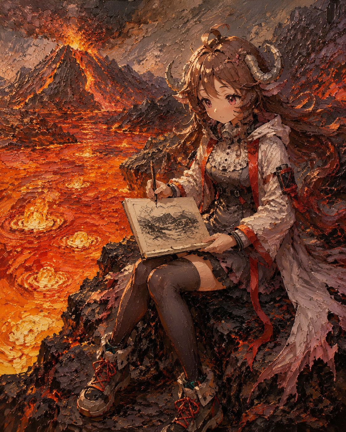 Sketching a volcanic crater in her journal On the edge of a bubbling lava lake (thick oil painting style with heavy impasto textures)