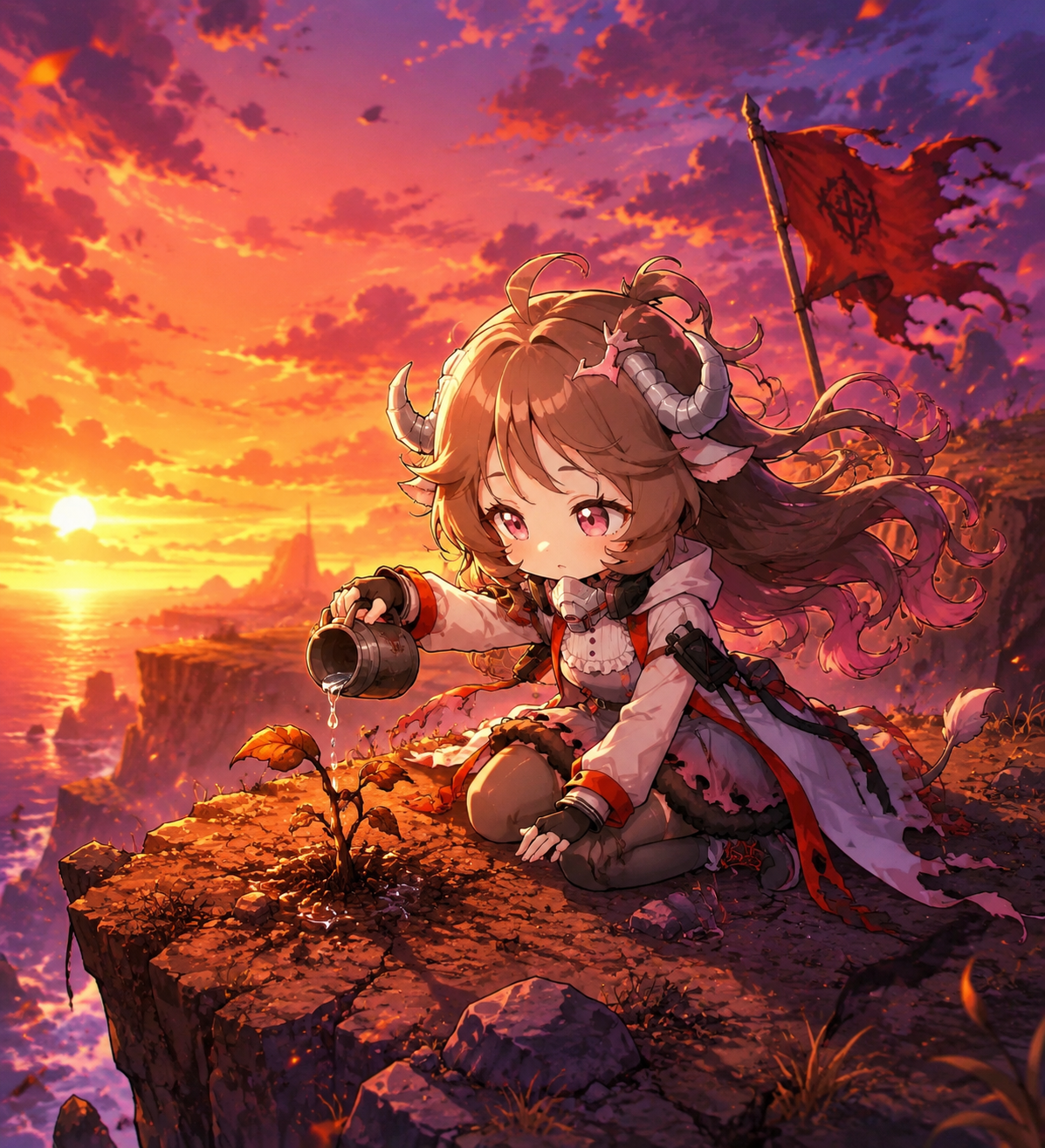 Tending to a small scorched seedling On a wind-swept cliffside during a sunset (chibi art style with vibrant saturated colors)