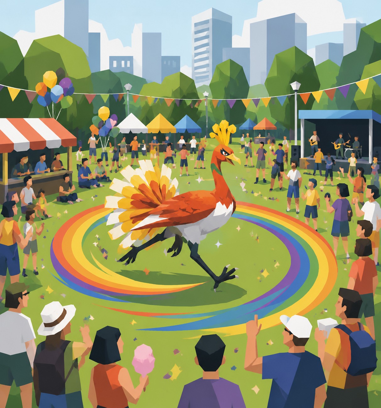 Chasing its own rainbow trail in circles In a crowded city park during a festival (minimalist vector art, sharp geometric shapes)