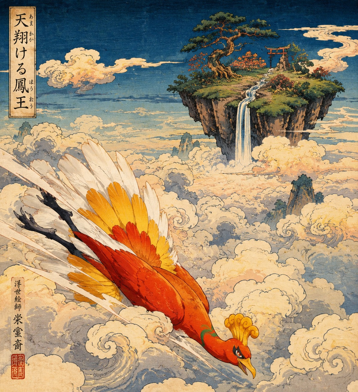 Diving through a thick layer of clouds On a floating island above a sea of clouds (ukiyo-e woodblock print, vibrant ink washes)