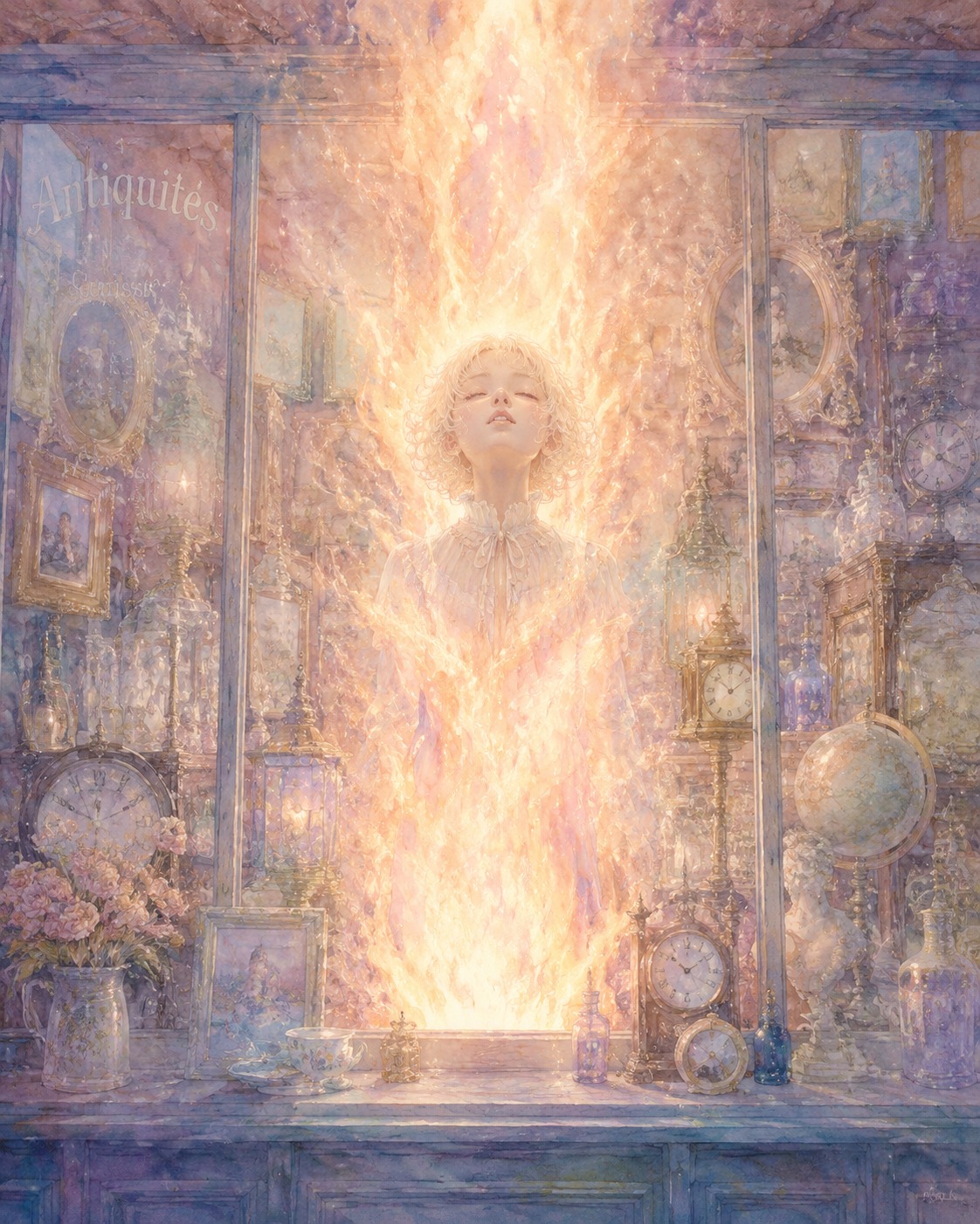 Erupting in a pillar of sacred fire In a cluttered antique shop window (ethereal watercolor, soft pastel dreamscape)