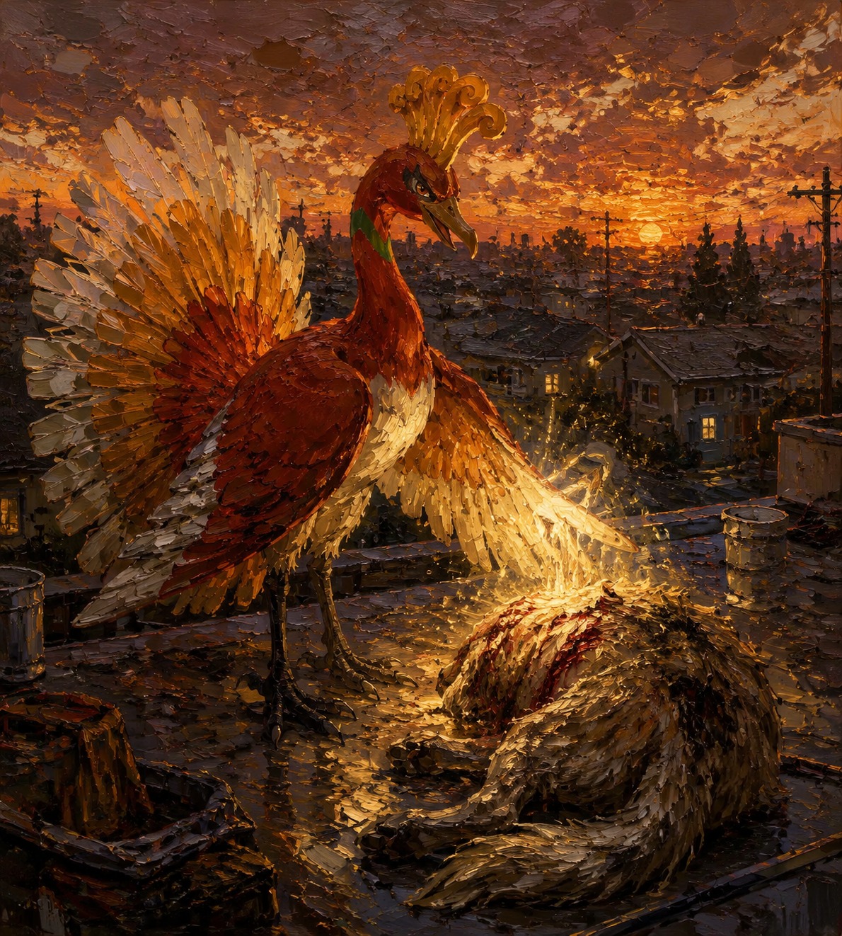 Healing a wounded creature with golden light On a busy suburban rooftop at sunset (dark oil painting, thick impasto strokes)