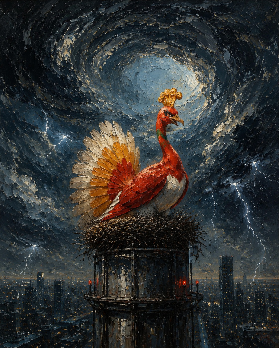 Nesting atop a modern skyscraper chimney In the eye of a swirling thunderstorm (dark oil painting, thick impasto strokes)