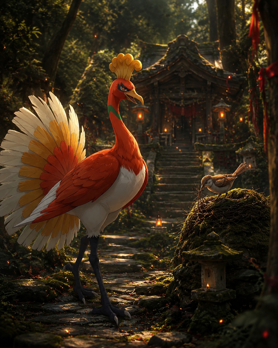 Observing a small bird building a nest At a hidden shrine deep within a forest (cinematic digital fantasy, high contrast embers)