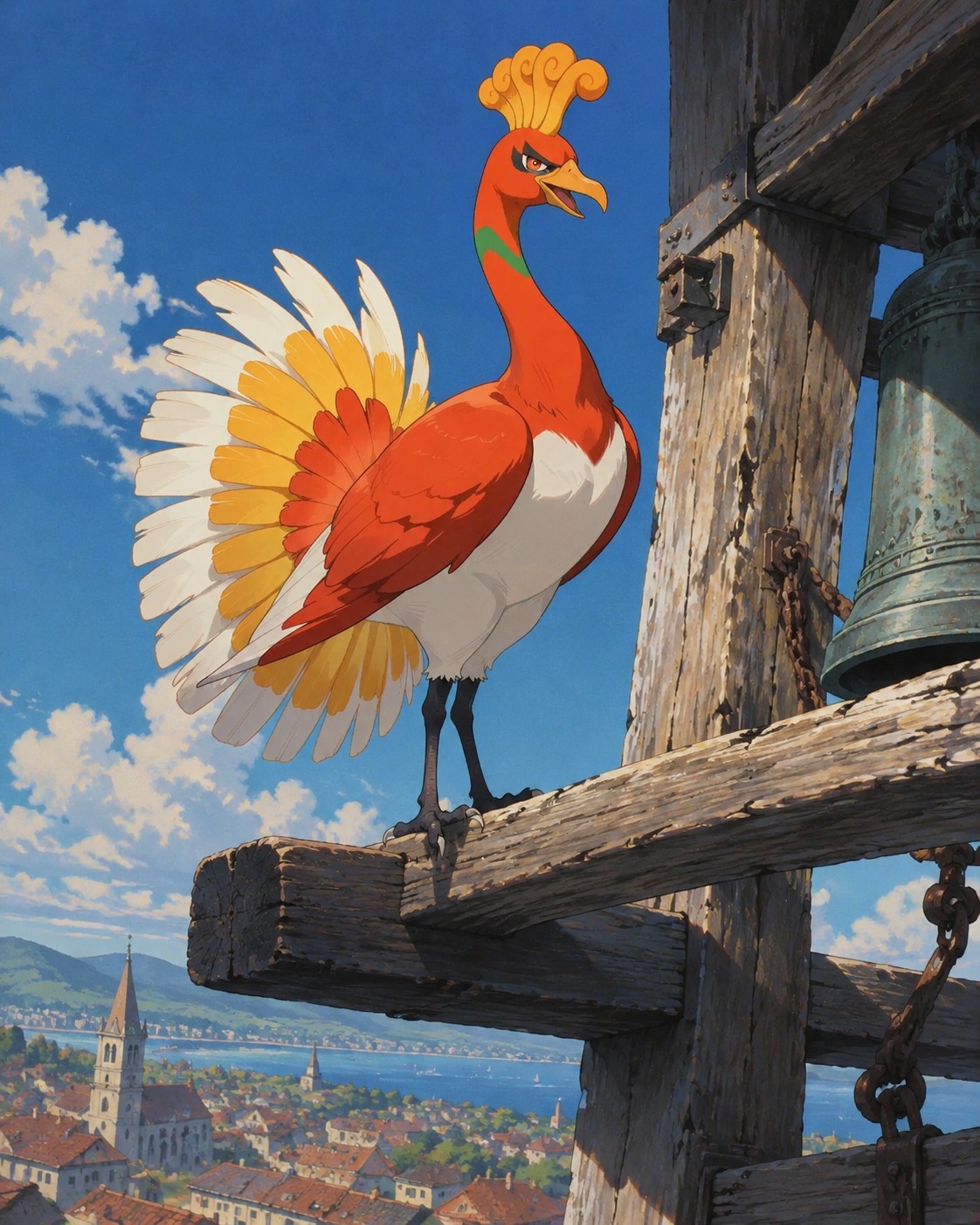 Perching silently on a weathered wooden beam At the summit of the Bell Tower (retro 90s anime cel, hand-painted backgrounds)