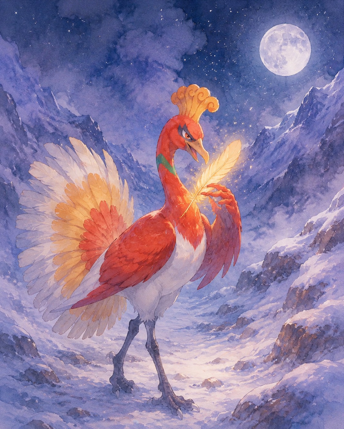 Preening a single glowing golden feather In a snowy mountain pass at midnight (ethereal watercolor, soft pastel dreamscape)