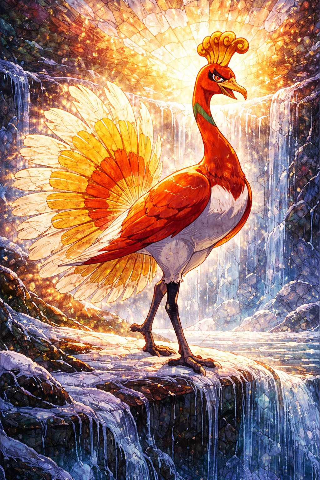 Shimmering in the first rays of dawn At the edge of a frozen waterfall (stained glass mosaic, luminous backlit fragments)