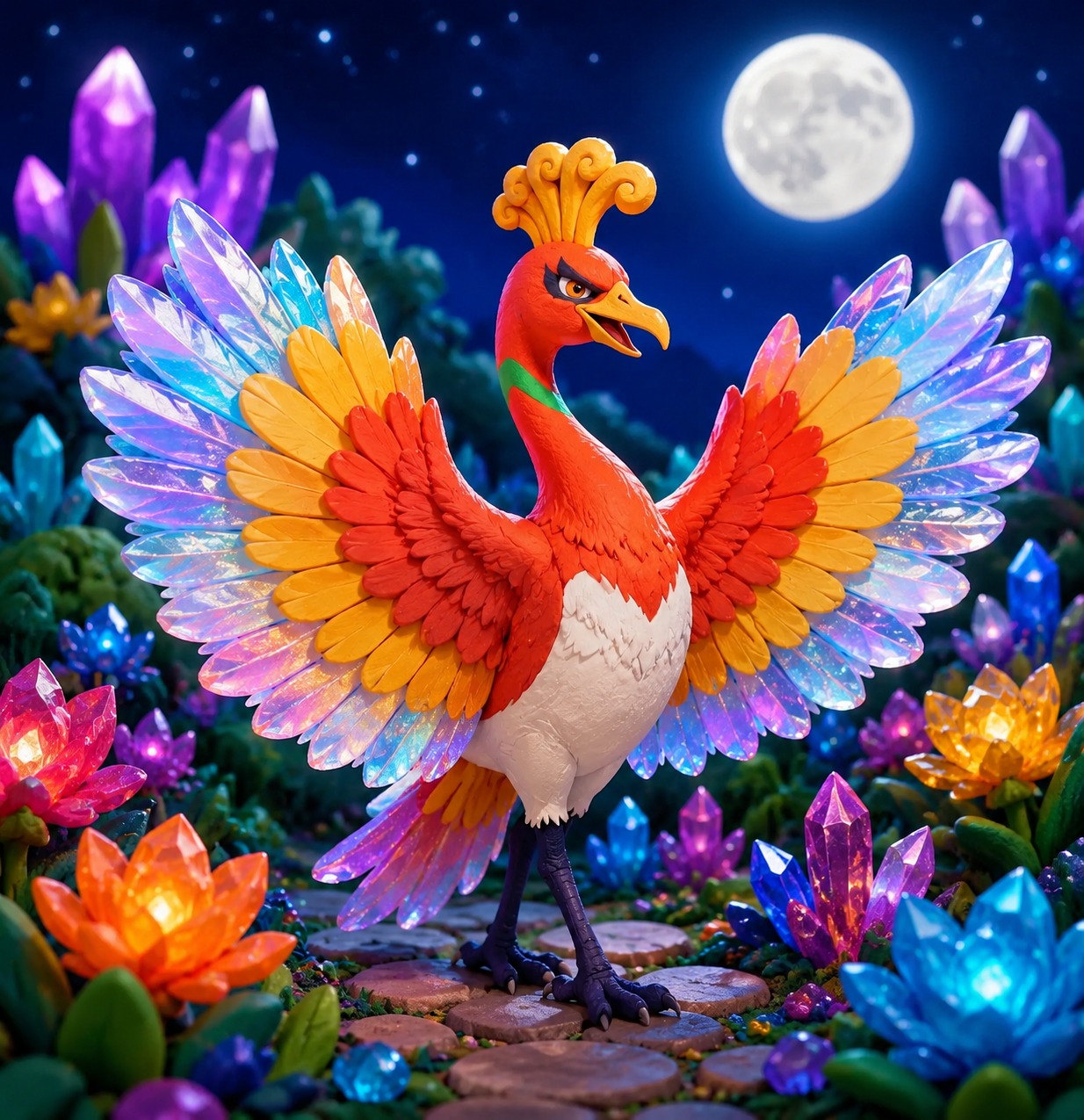 Spreading iridescent wings wide In a garden of crystal flowers under moonlight (chibi claymation style, bright saturated colors)