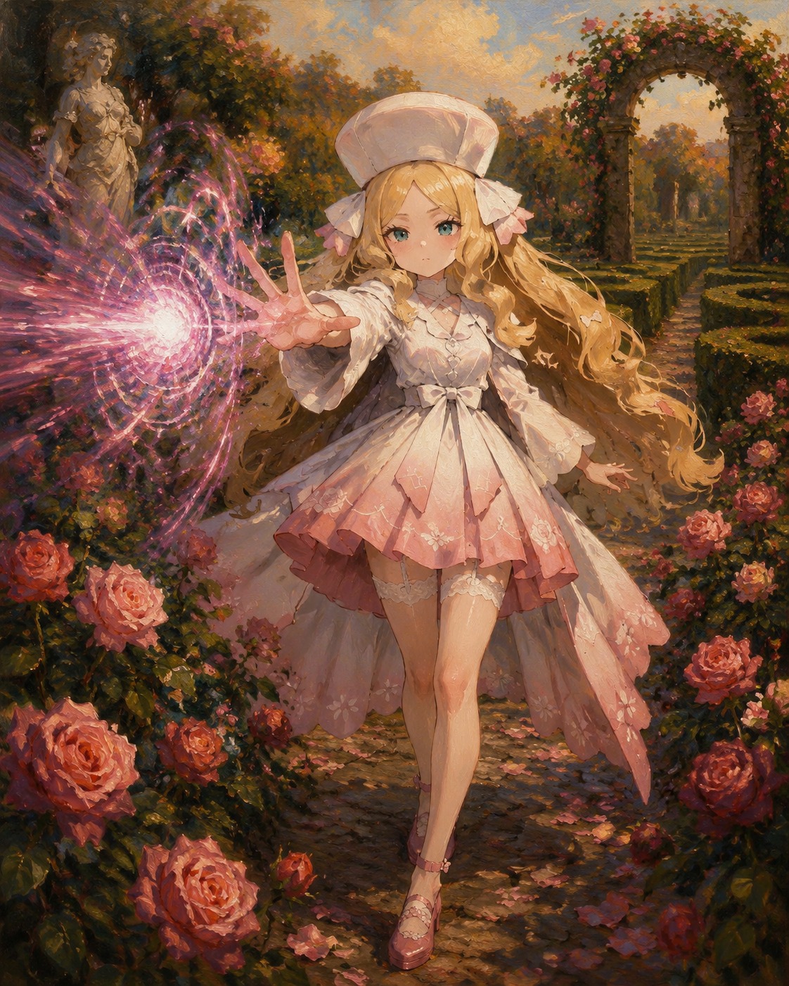 Hurling a psychic blast forward In a lush garden maze of blooming roses (classic oil painting with rich textures)