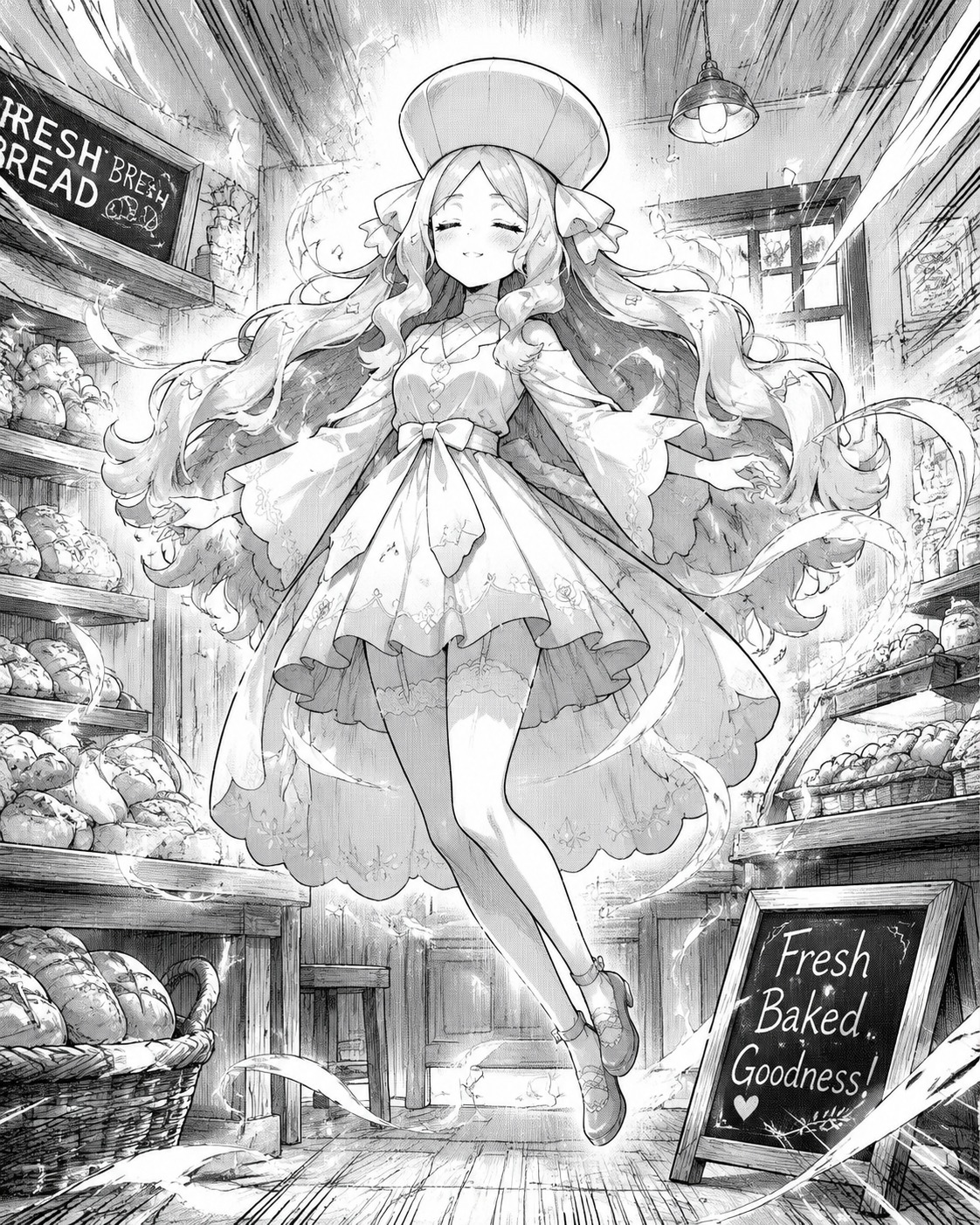 Levitating gracefully with eyes closed At a cozy bakery smelling of fresh bread (dynamic shonen manga sketch with speed lines)