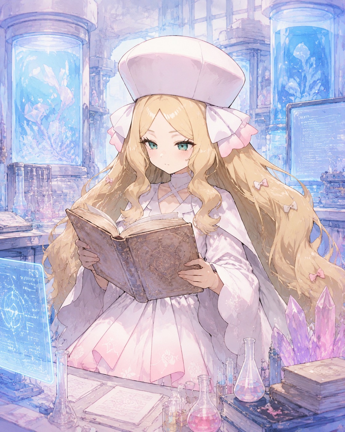 Reading a weathered spellbook intently In a futuristic laboratory with glowing blue tanks (soft watercolor anime style with pastel hues)