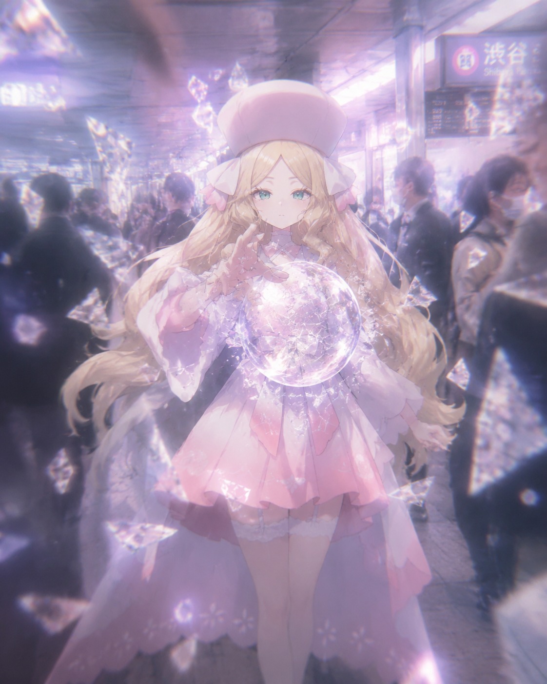 Shattering a crystal orb At a crowded modern subway station (ethereal dreamcore with blurry focus)