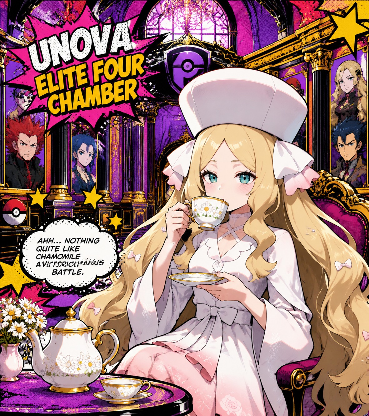 Sipping chamomile tea from fine china In the opulent Unova Elite Four chamber (vibrant pop art with bold halftone patterns)