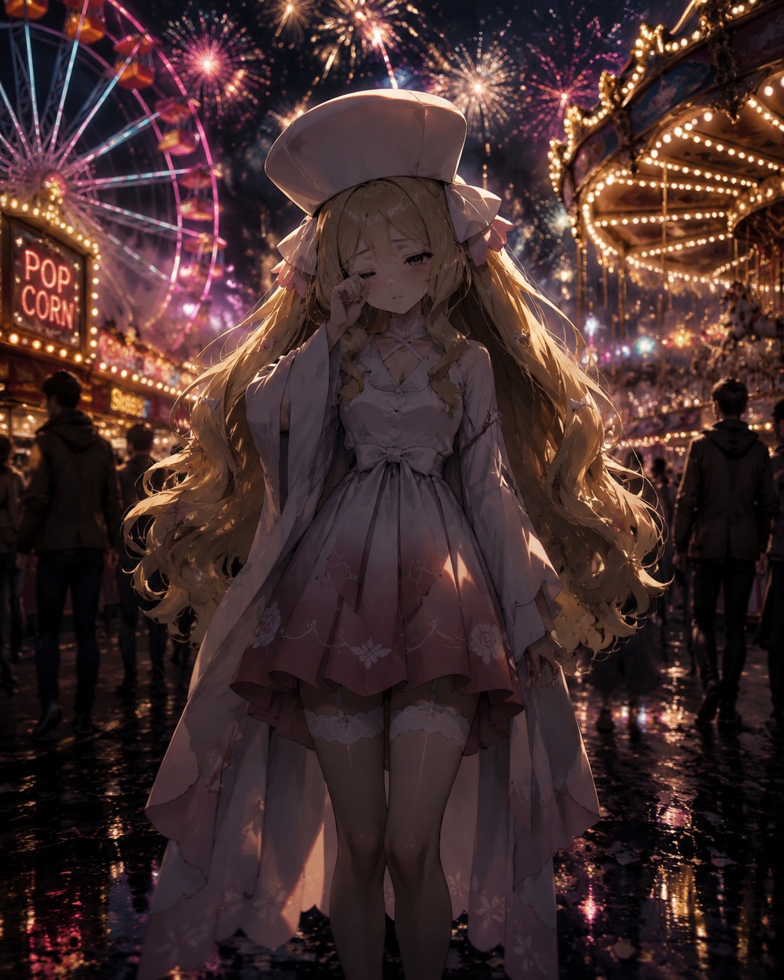 Struggling to stay awake while standing At a colorful carnival under bright fireworks (dark cinematic noir with sharp lighting)