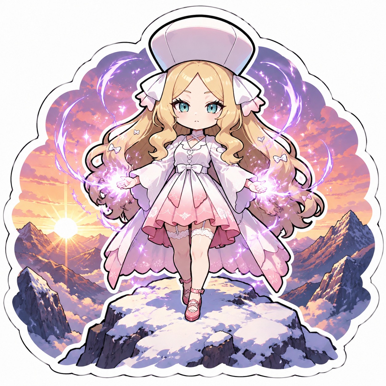 Summoning a glowing aura of violet energy On a snowy mountain peak at sunrise (chibi sticker art with thick outlines)