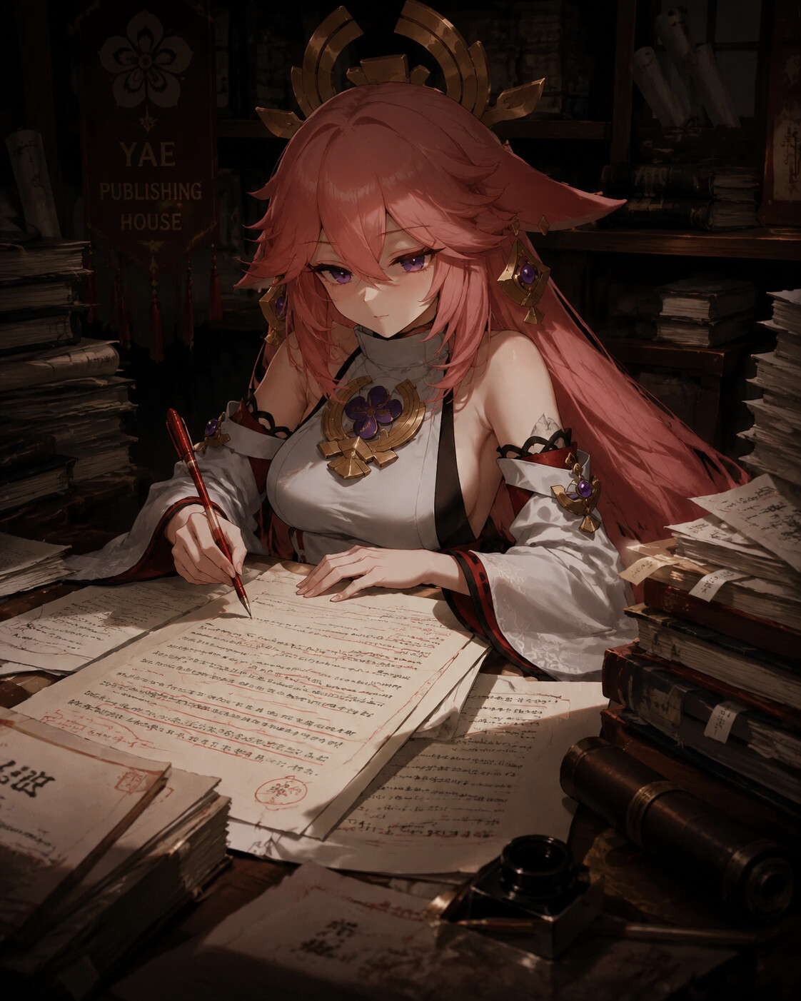 Editing manuscripts with a sharp red pen at her cluttered desk in Yae Publishing House (dark cinematic fantasy)