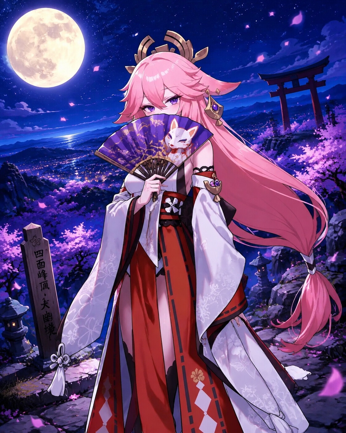 Hiding behind a fox-patterned folding fan at the summit of Mt. Yougou under a full moon (crisp modern cel-shading)