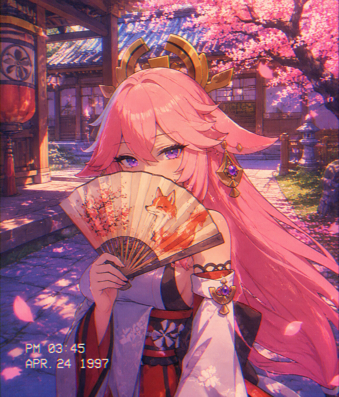 Hiding behind a fox-patterned folding fan in a sun-drenched courtyard filled with cherry blossoms (retro 90s anime)