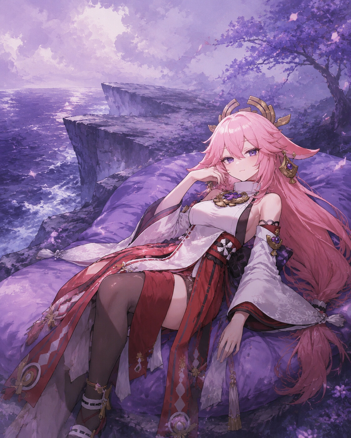 Lounging lazily on a silk cushion on a windswept cliff overlooking the dark sea (ethereal watercolor)