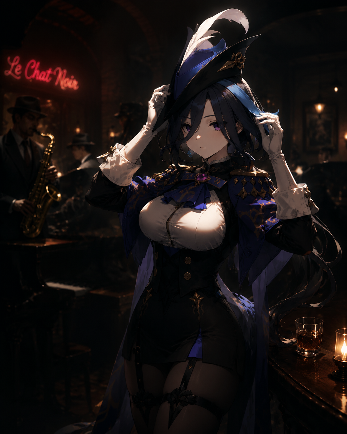 Adjusting the fit of her dark tricorn hat In a dimly lit underground jazz bar (cinematic noir, dramatic high-contrast shadows)
