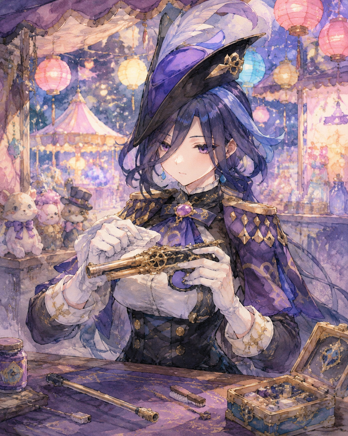 Cleaning her signature marechaussee hunter pistol At a festive carnival booth with colorful lanterns (watercolor anime, soft pastel lighting)