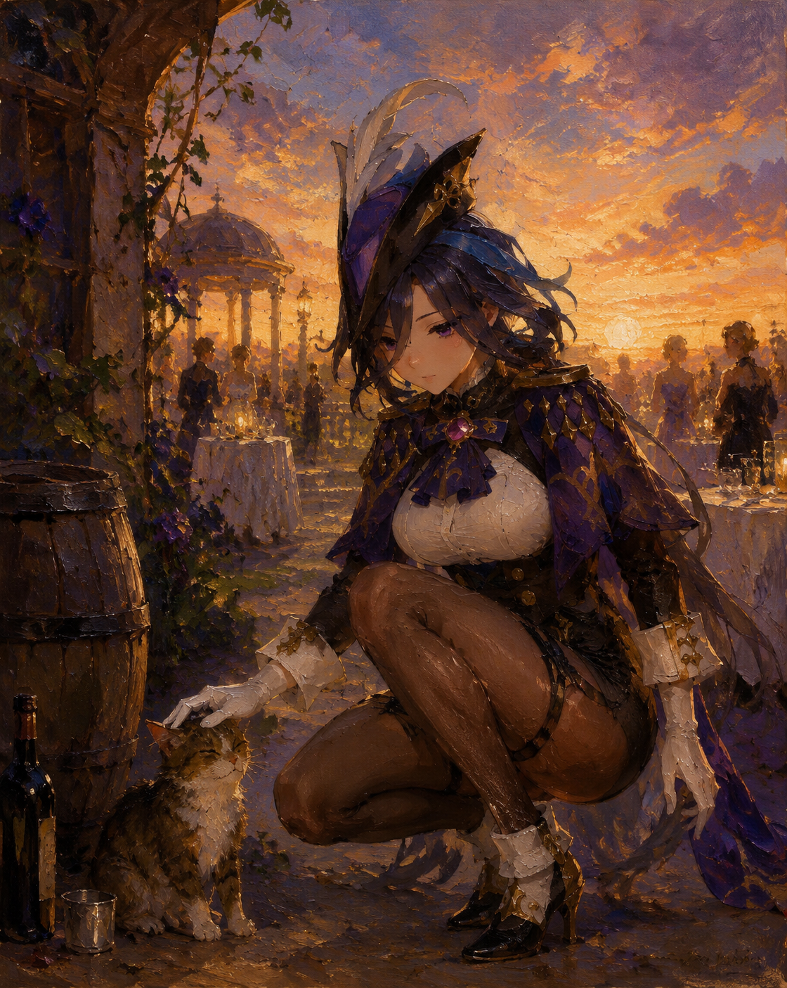 Petting a small stray cat behind a tavern At a formal garden party during sunset (oil painting, thick brushstrokes and rich textures)