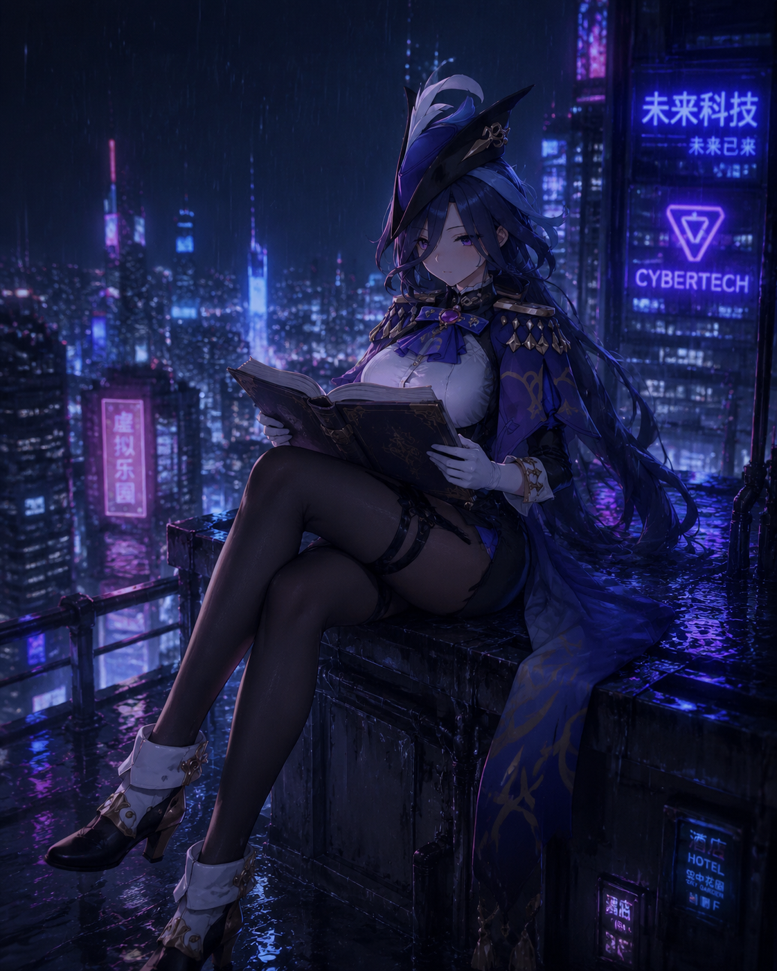 Reading a thick novel in a quiet corner On the edge of a high rooftop overlooking the city (cyberpunk aesthetic, neon glows and rainy reflections)