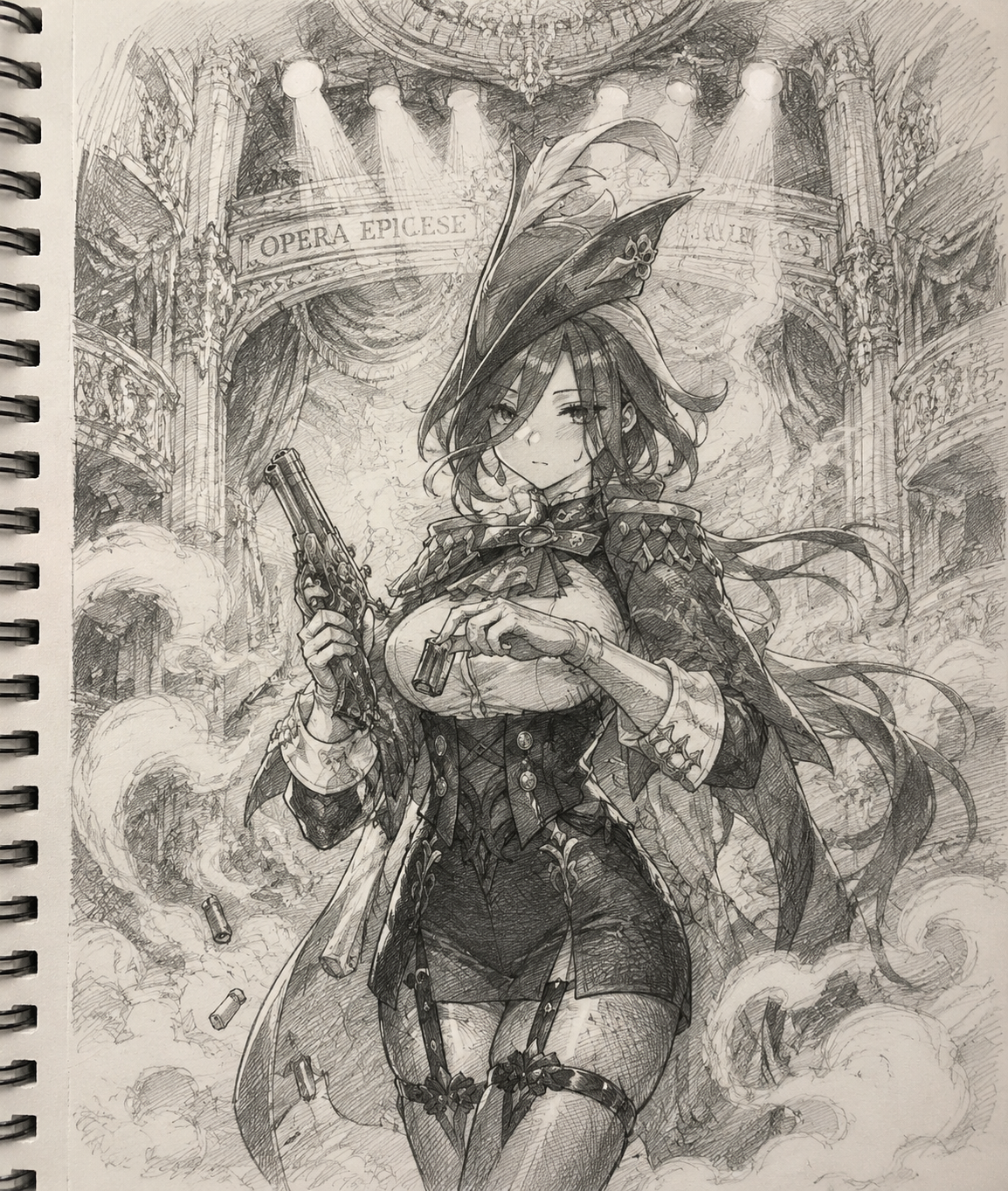 Reloading her weapon amidst swirling gunsmoke At the Opera Epiclese under bright stage lights (classic sketchbook, graphite pencil with cross-hatching)