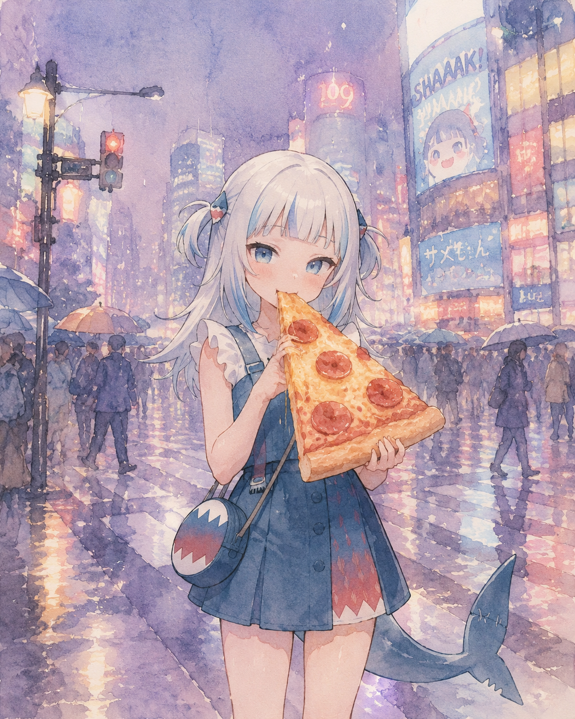 Eating a giant slice of pepperoni pizza At a busy city intersection during a rainy evening (soft watercolor style, dreamlike pastel tones)