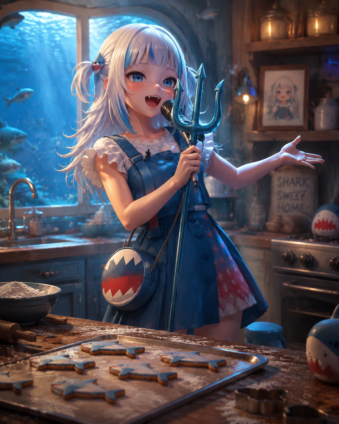 Enthusiastically singing into a trident-shaped microphone In a cozy kitchen while baking shark-shaped cookies (cinematic 3D render, realistic underwater lighting)