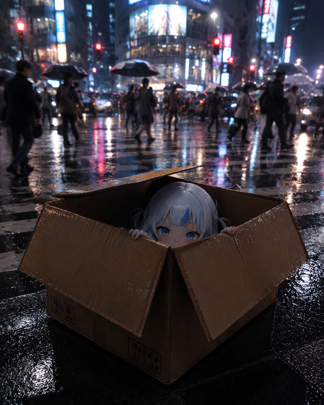 Mischievously hiding inside a large cardboard box at a busy city intersection during a rainy evening (cinematic 3D render)