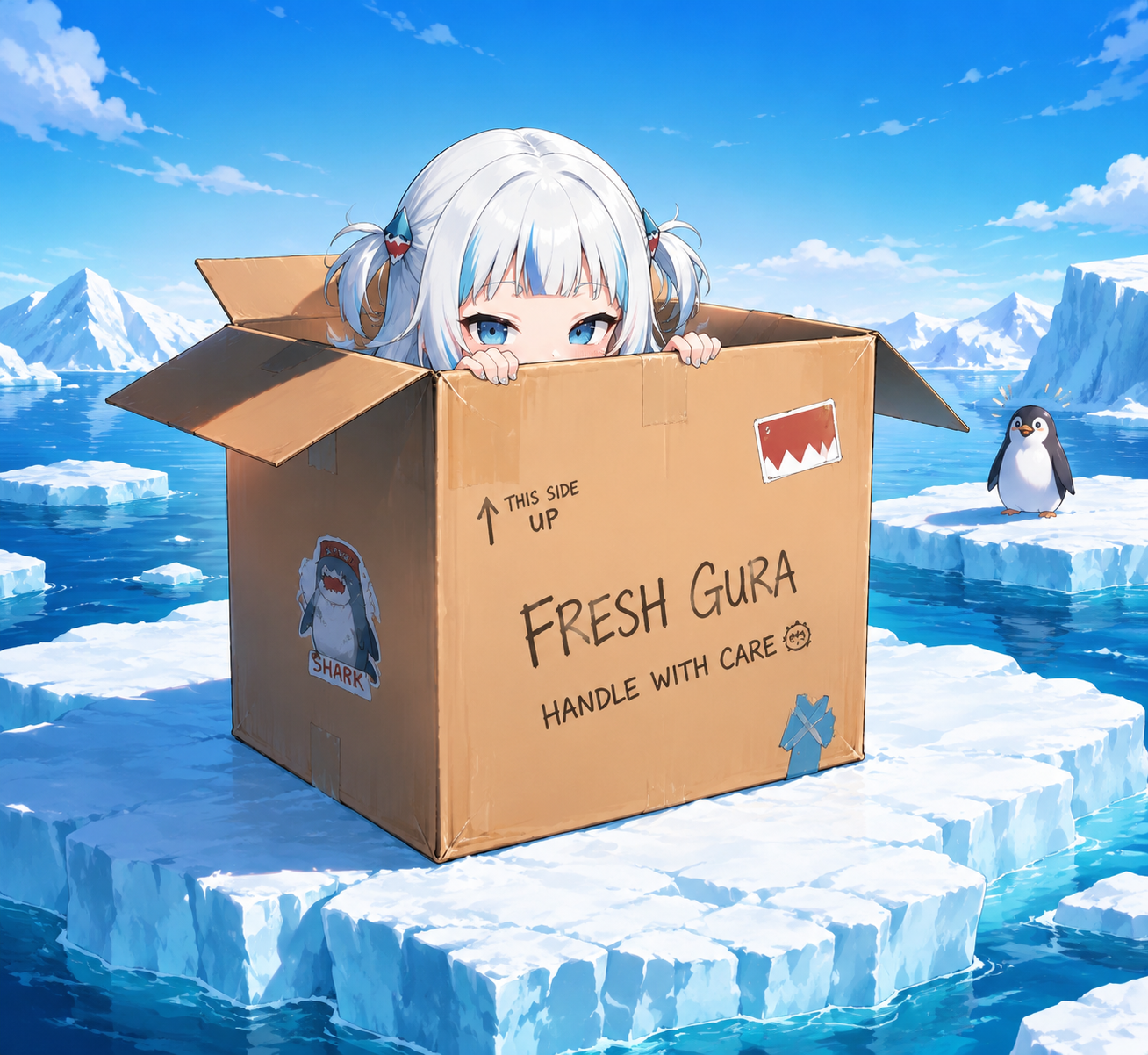 Mischievously hiding inside a large cardboard box On a floating ice floe in the Arctic (vibrant anime art, sharp lines and bright colors)