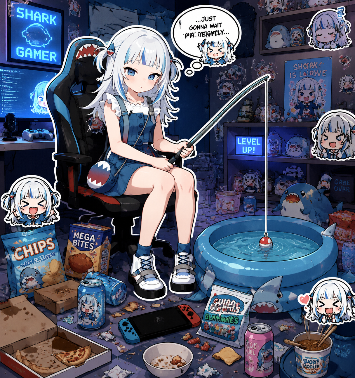 Patiently waiting for a fish to bite the hook In a messy gaming room filled with snacks (cute chibi sticker art, bold outlines)