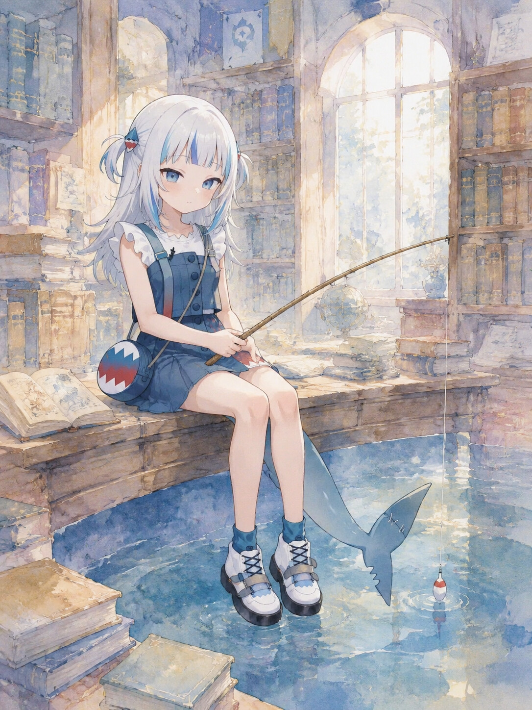 Patiently waiting for a fish to bite the hook in a quiet library surrounded by ancient books (soft watercolor style)