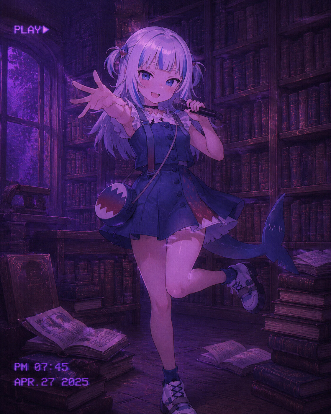 Performing a high-energy idol dance routine in a quiet library surrounded by ancient books (lo-fi aesthetic)