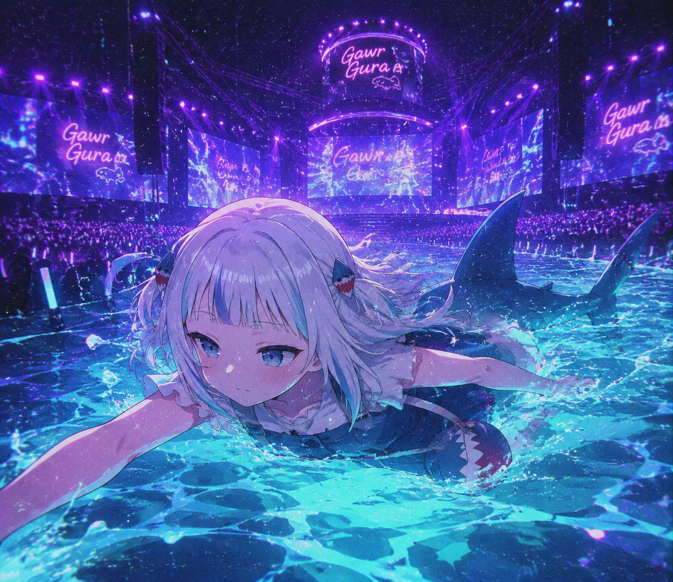 Swimming rapidly through glowing turquoise water On a neon-lit stage during a massive concert (lo-fi aesthetic, grainy texture and purple lighting)