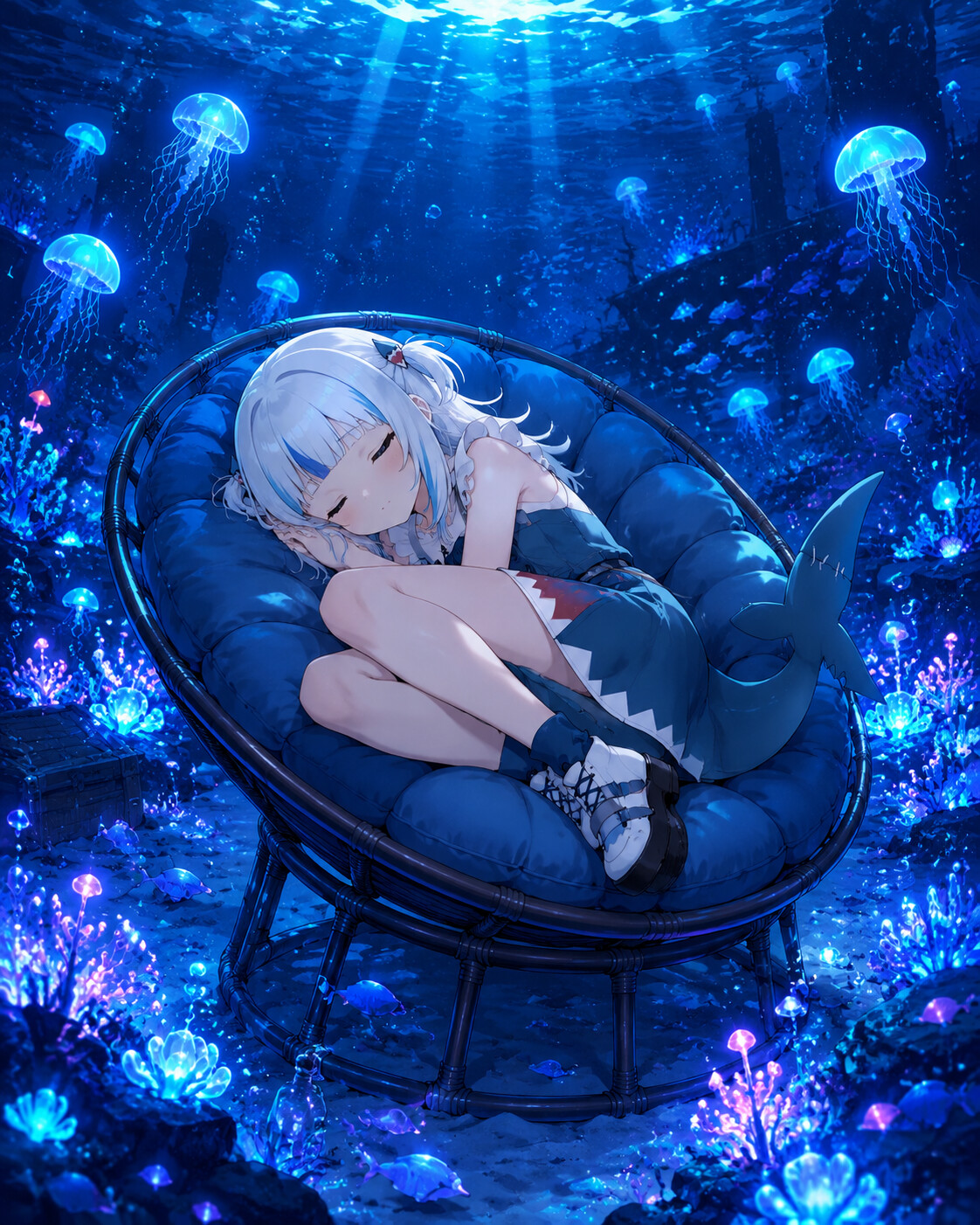 Taking a quiet nap curled up on a chair at the bottom of a glowing bioluminescent ocean (vibrant anime art)