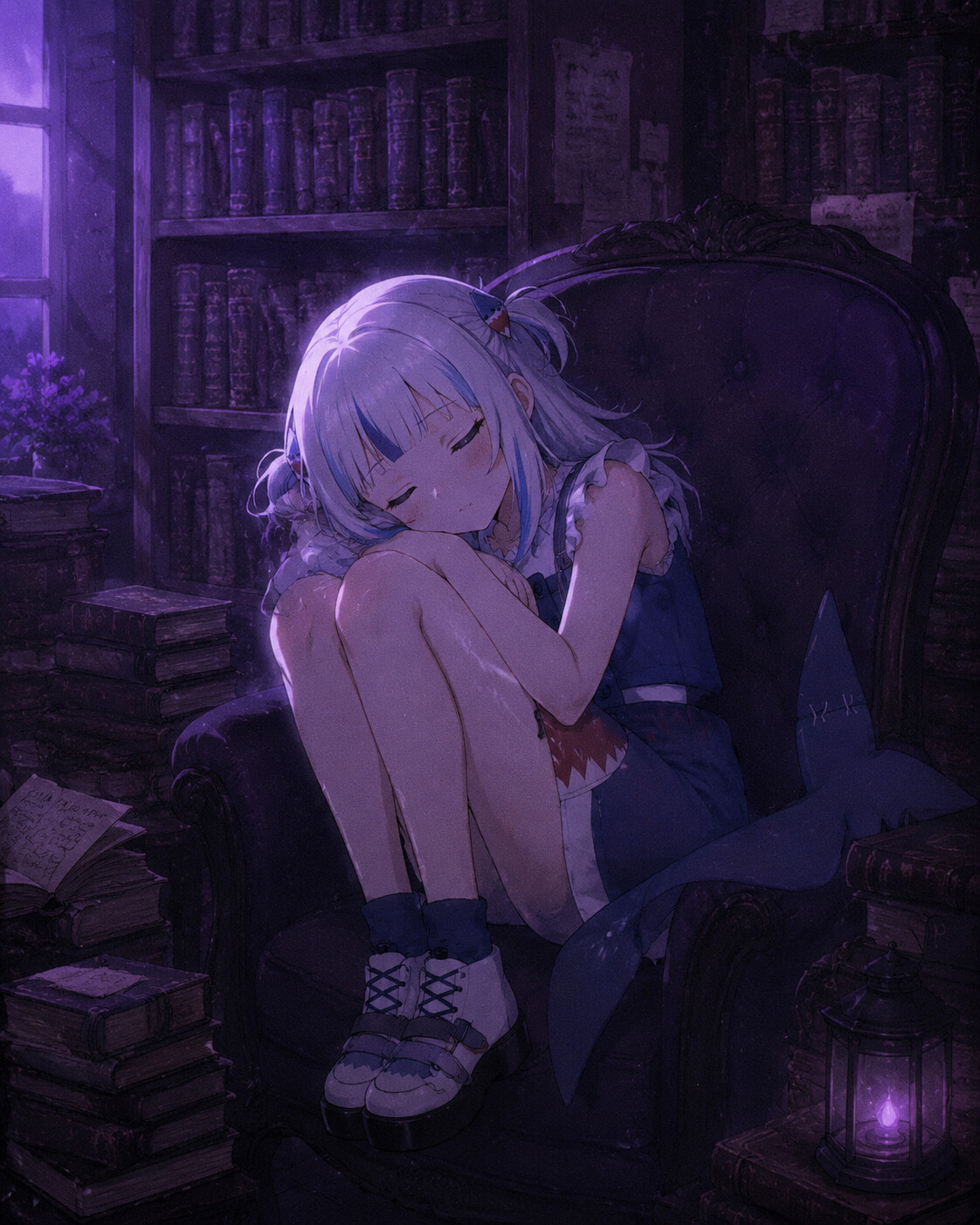 Taking a quiet nap curled up on a chair in a quiet library surrounded by ancient books (lo-fi aesthetic)