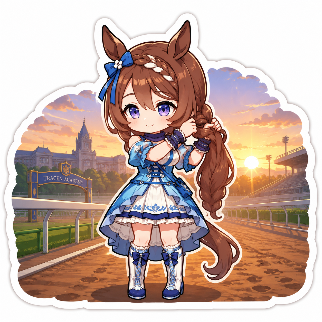 Braiding her long brown hair into a ponytail At the Tracen Academy training track during sunrise (chibi sticker art with thick white borders)