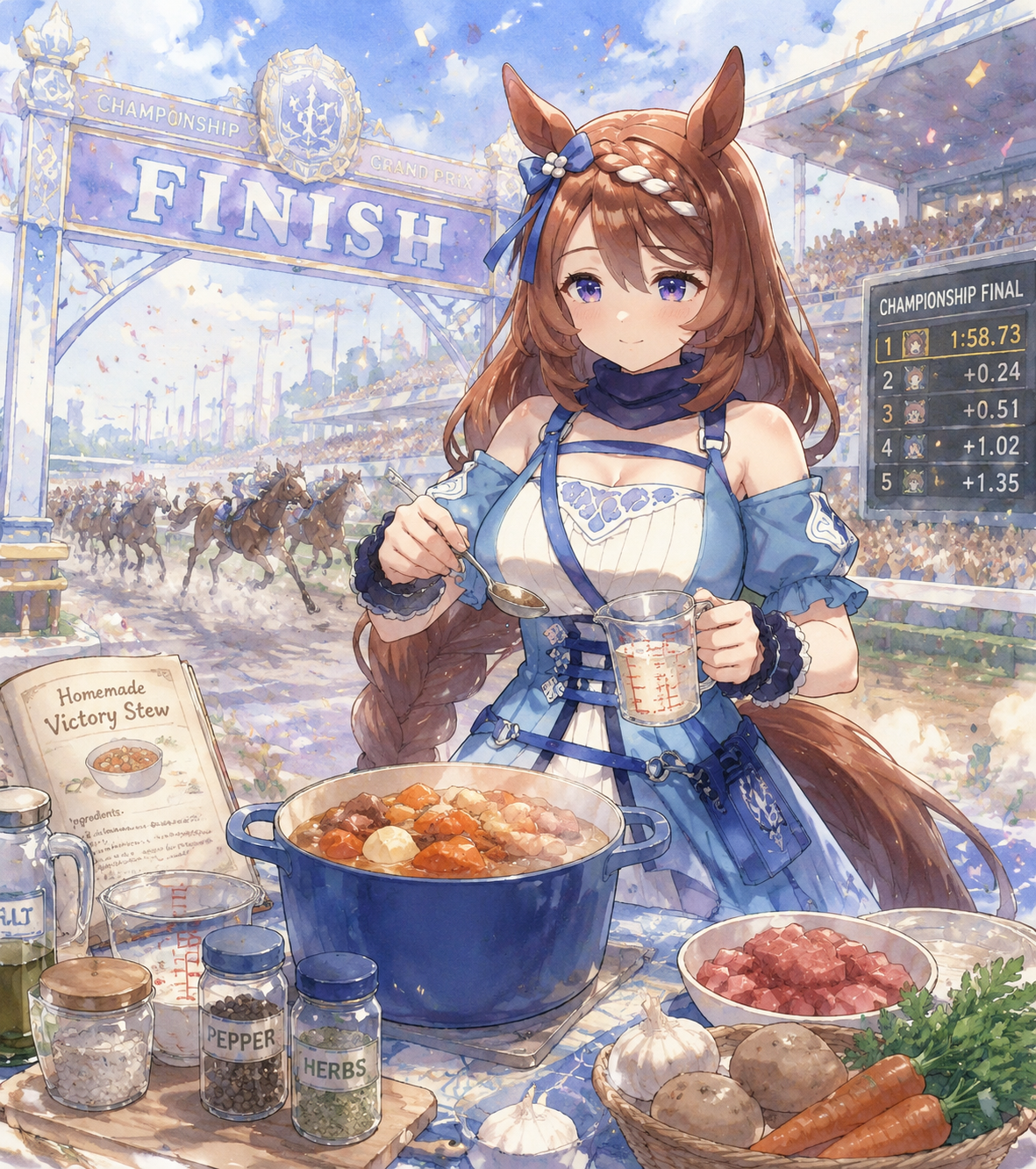 Carefully measuring ingredients for a homemade stew At the finish line of a high-stakes championship race (soft watercolor anime with pastel hues)