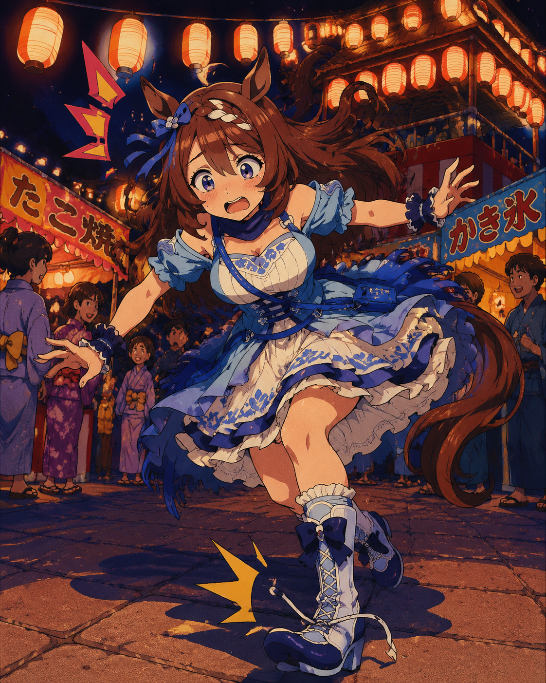 Clumsily tripping over a loose shoelace At a traditional summer festival under glowing lanterns (bold retro 90s cel-shaded animation style)