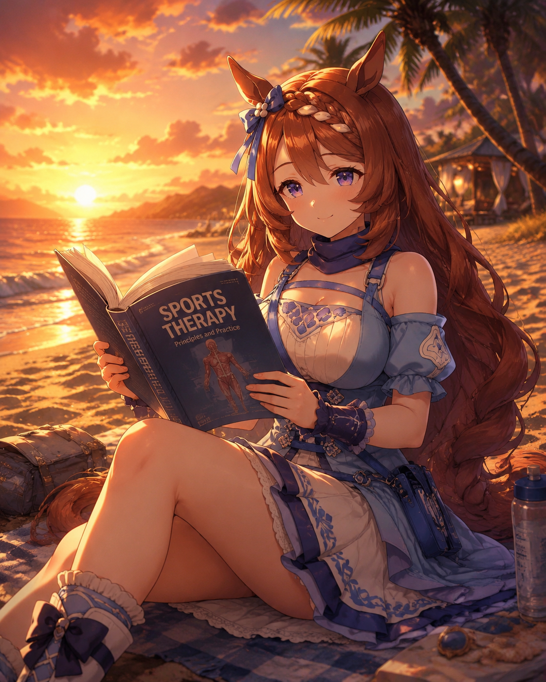 Reading a thick medical book about sports therapy On a sandy beach during a summer retreat (cinematic digital painting with dramatic sunset lighting)