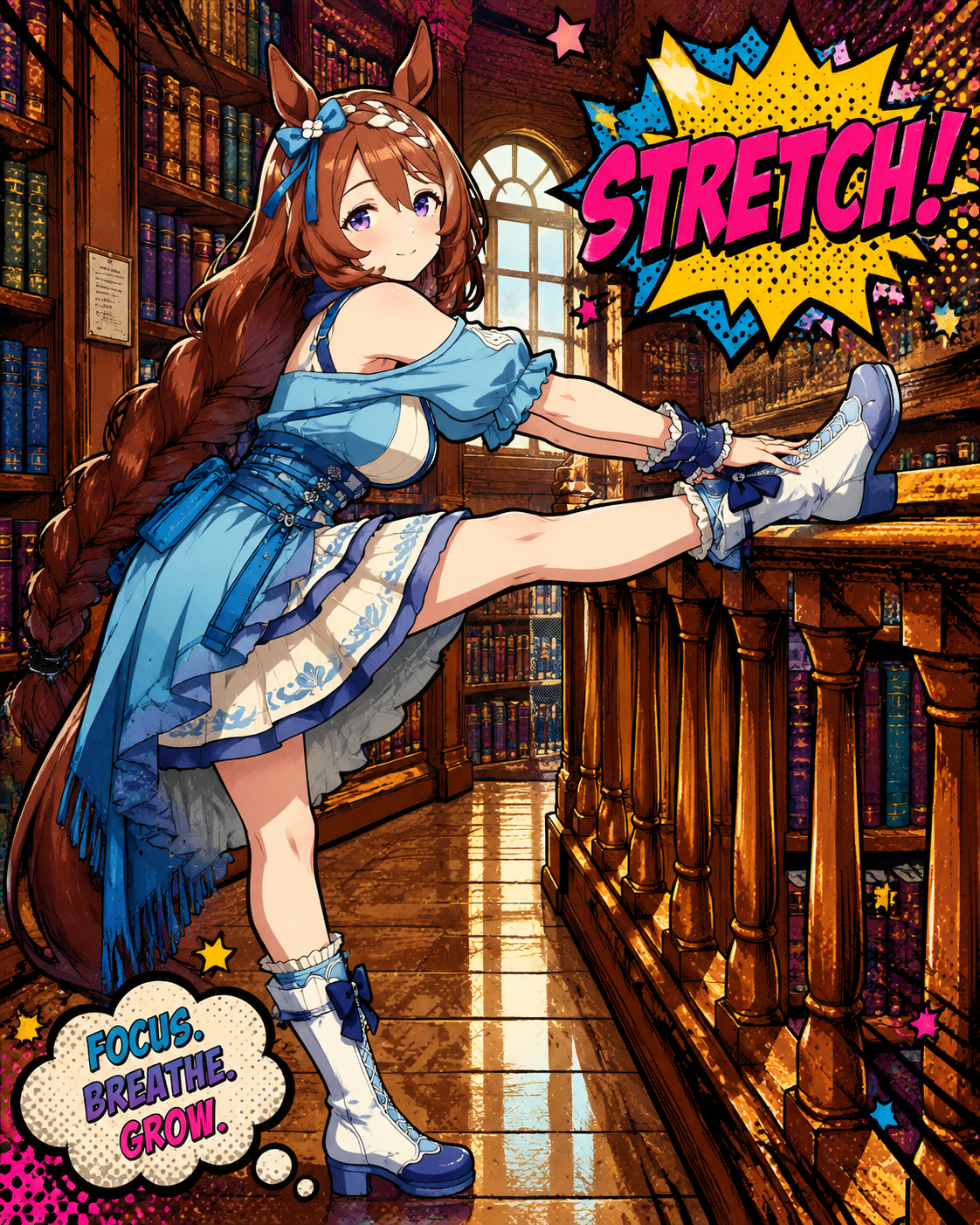 Stretching her hamstrings against a wooden fence In a quiet library surrounded by towering bookshelves (vibrant pop art with thick outlines and dots)