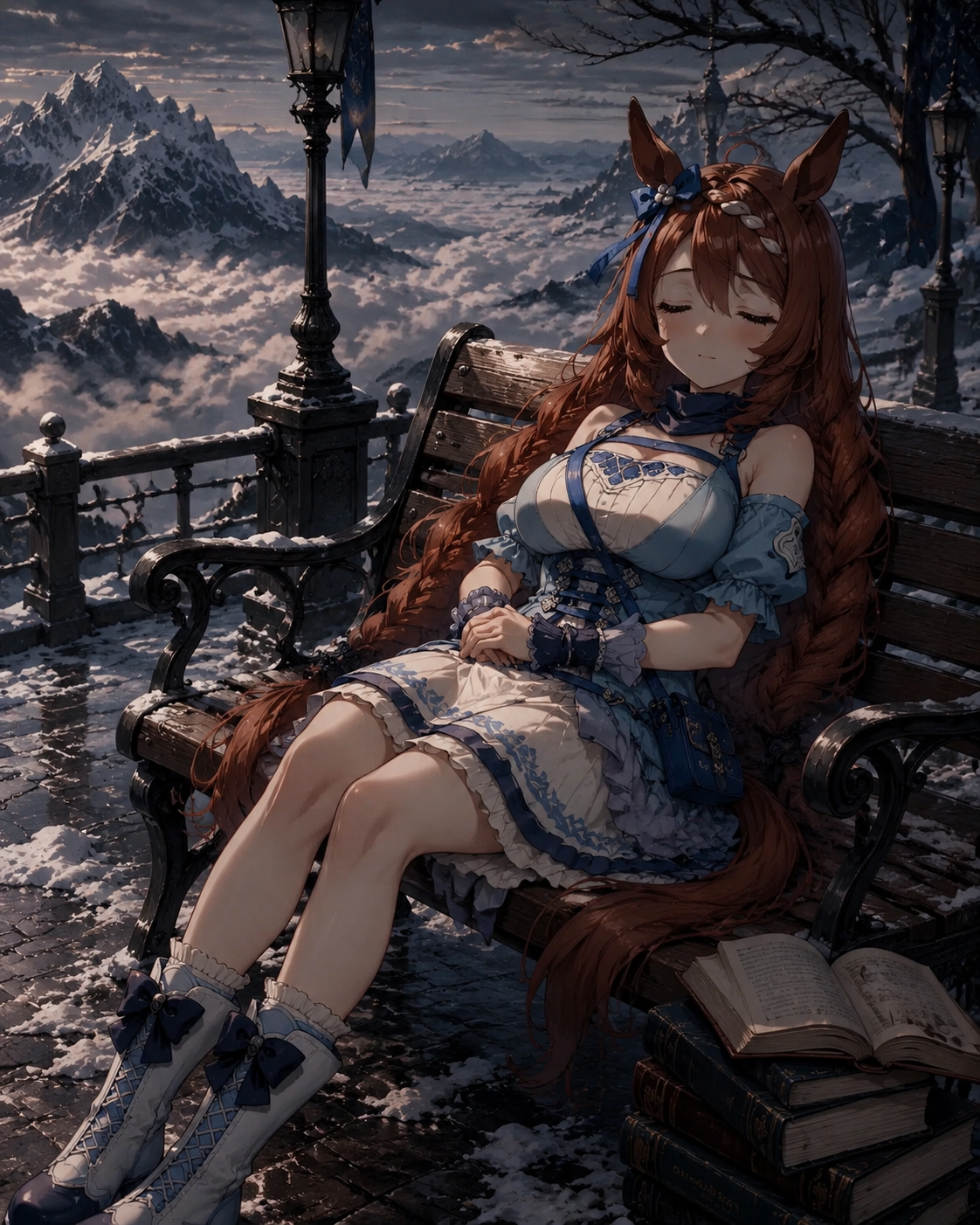 Taking a short nap on a park bench On a snowy mountain peak overlooking the clouds (detailed dark academia aesthetic with moody lighting)
