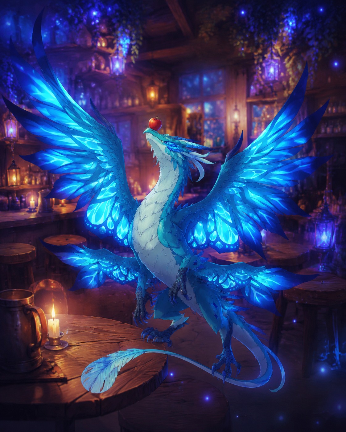 Balancing a small apple on his snout In a cozy tavern sized for a human (bioluminescent glow, dreamlike digital illustration)