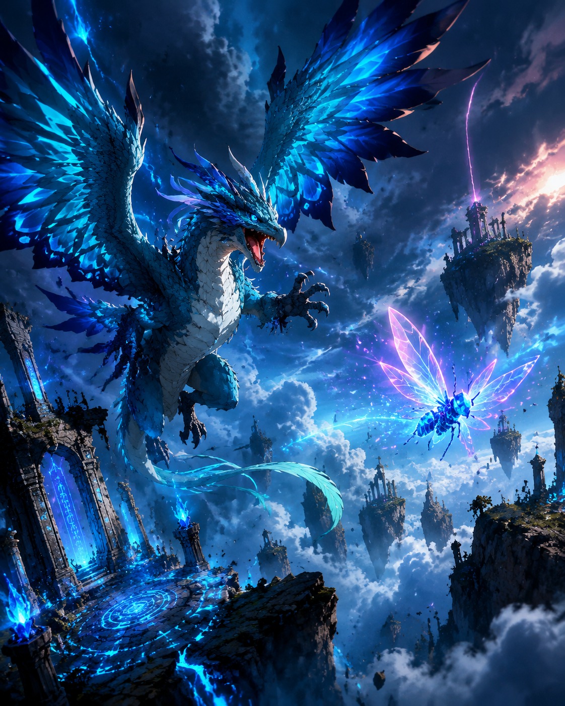 Chasing a glowing crystal fly On a floating island above the clouds (cinematic heavy metal aesthetic, neon accents and high contrast)