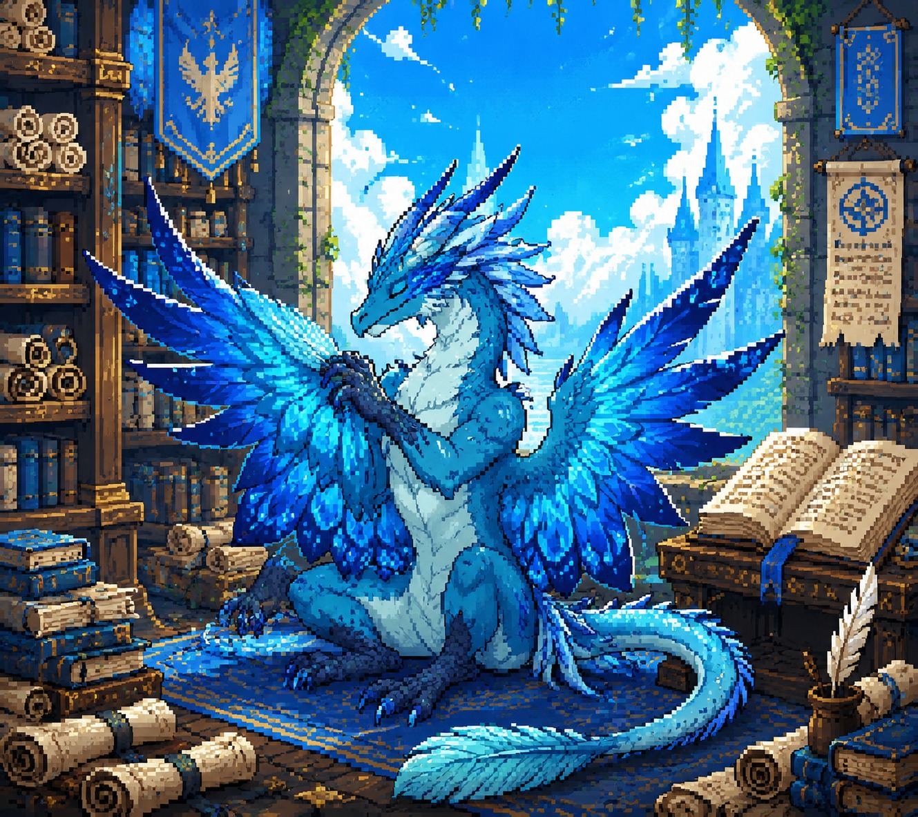 Grooming his shimmering blue wings In a quiet library filled with ancient scrolls (retro 8-bit pixel art, vibrant sky palette)