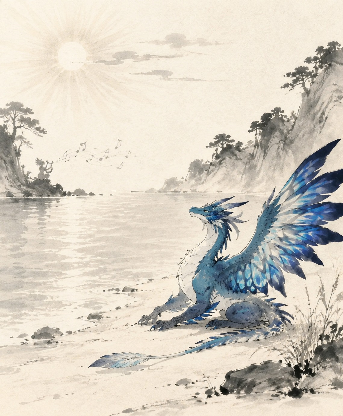 Listening to a distant lyre melody On a sun-drenched beach at the Cider Lake (traditional Japanese ink wash, minimalist sumi-e style)