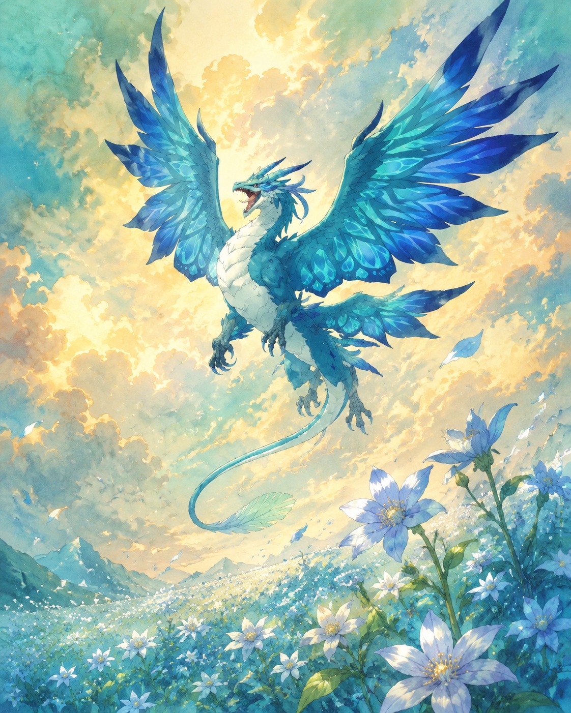 Soaring through golden clouds In a field of Windwheel Asters (ethereal watercolor, soft brushstrokes and teal hues)