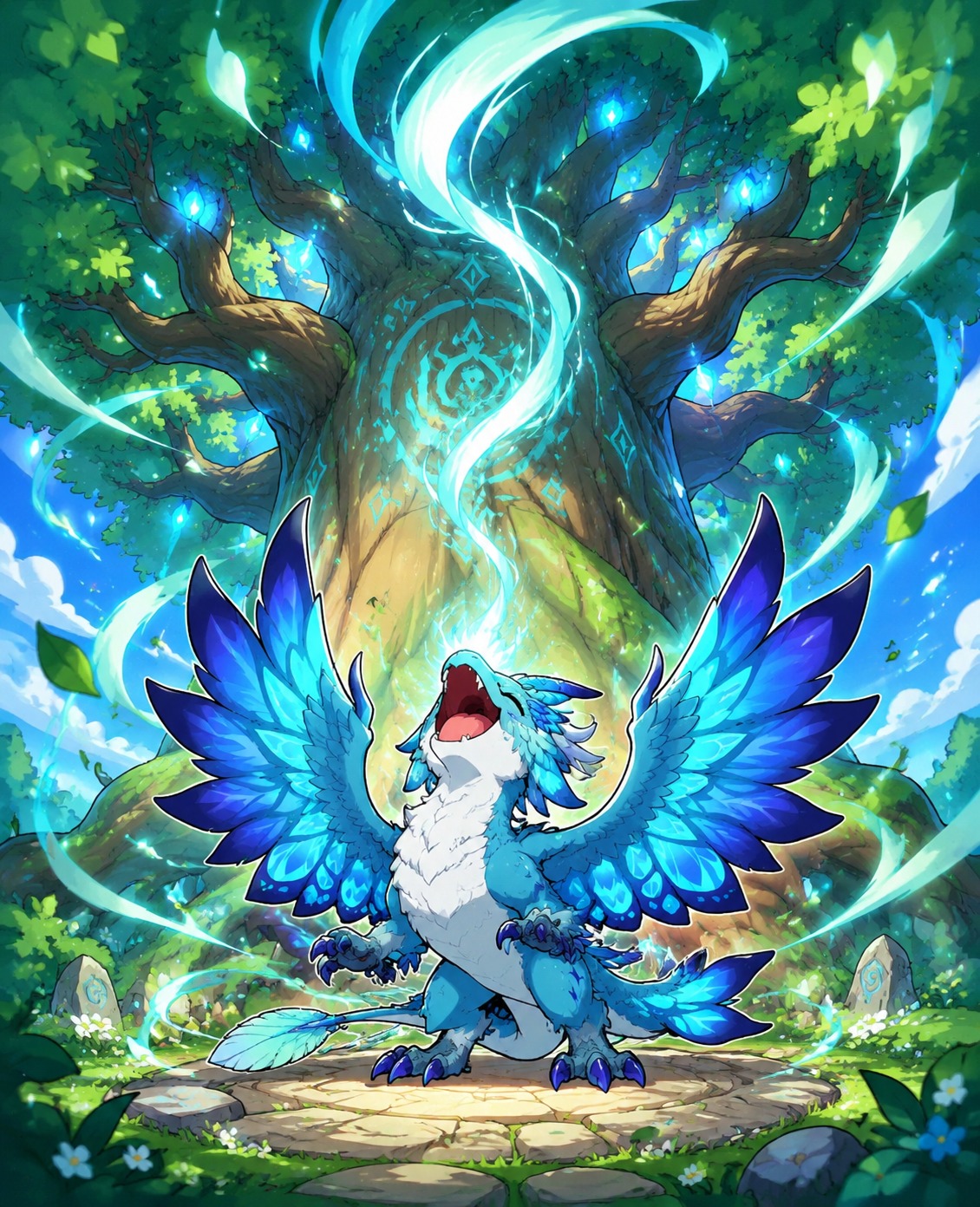 Unleashing a powerful cry toward the heavens At the base of the massive Windrise tree (chibi art style, chunky lines and vibrant colors)